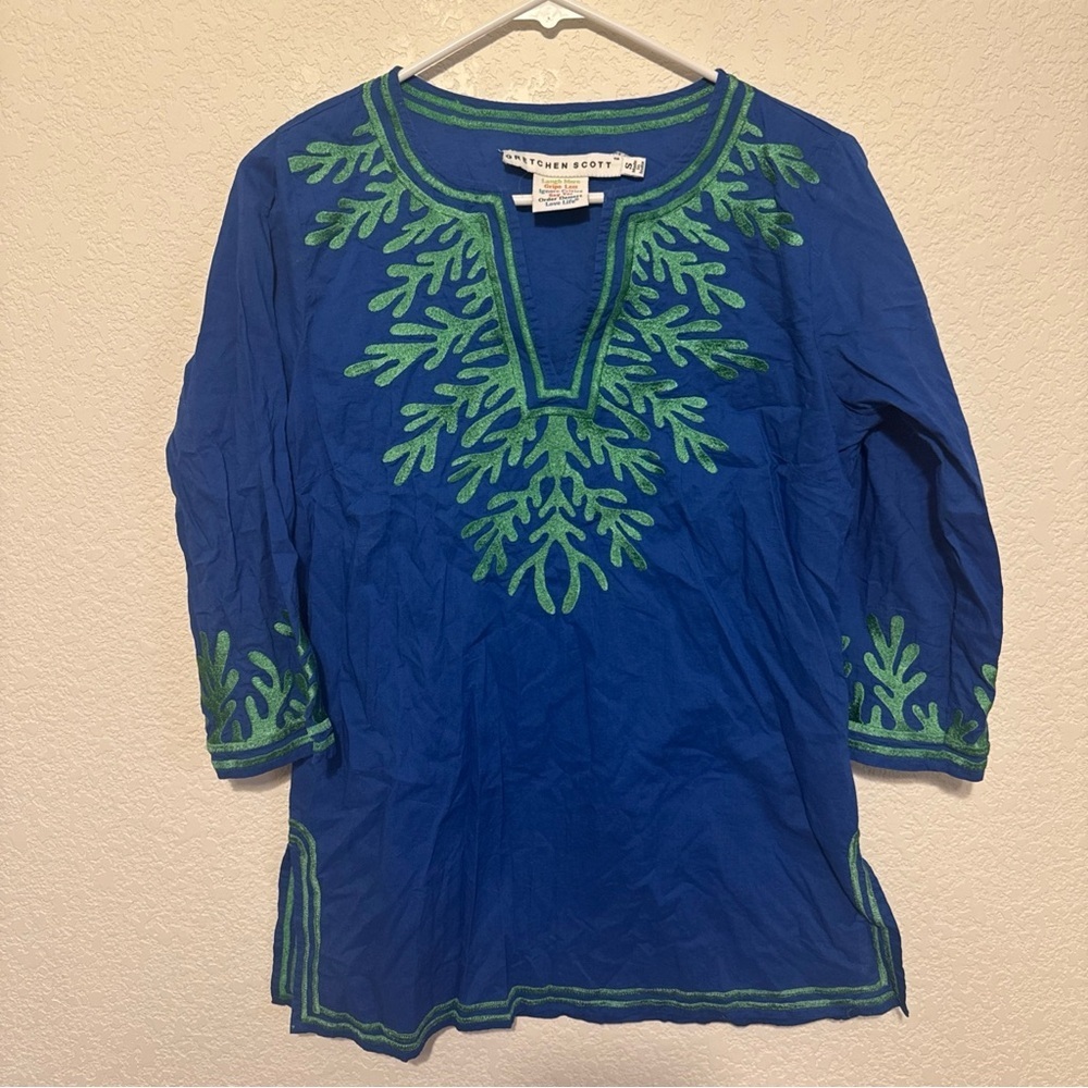 Gretchen Scott Embroidered Cotton Tunic navy Size small - Picture 2 of 11
